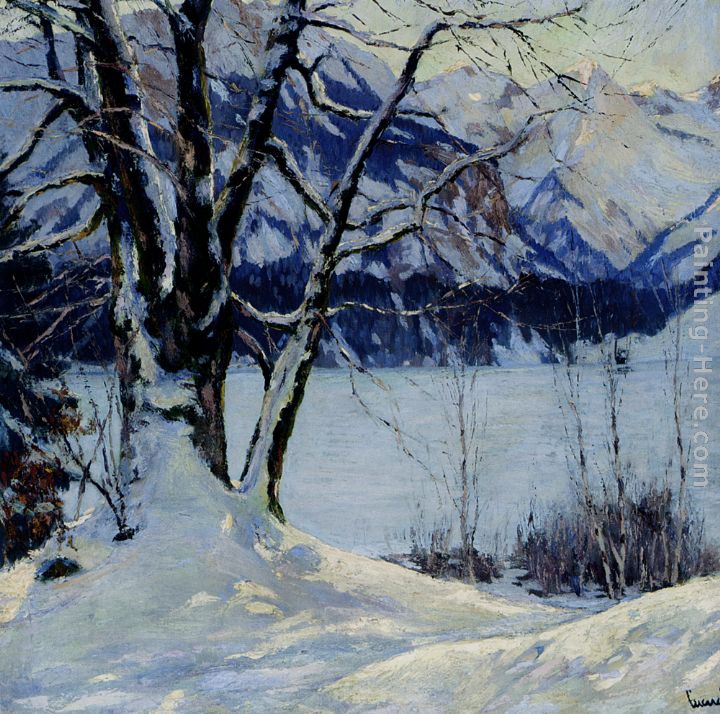 A Frozen Lake In A Mountainous Winter Landscape painting - Edward Cucuel A Frozen Lake In A Mountainous Winter Landscape art painting
